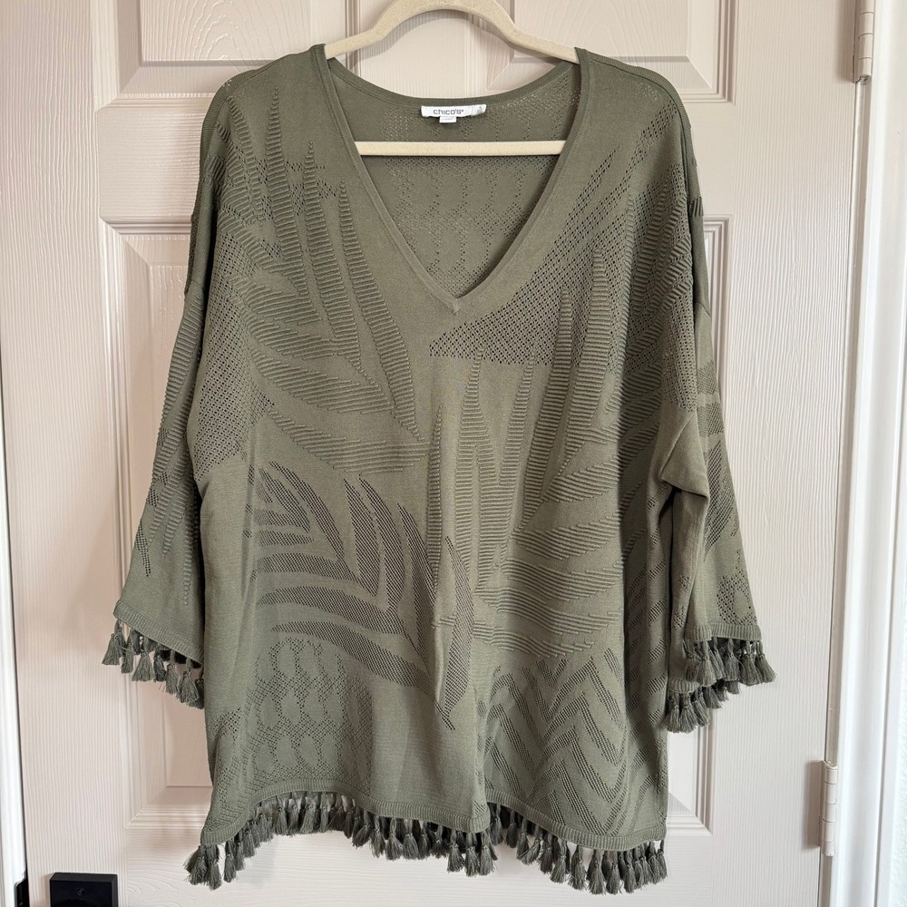 Chicos Palm Leaf Pointelle Tassel Trim Sweater Olive Green Size 4 XXL Boho